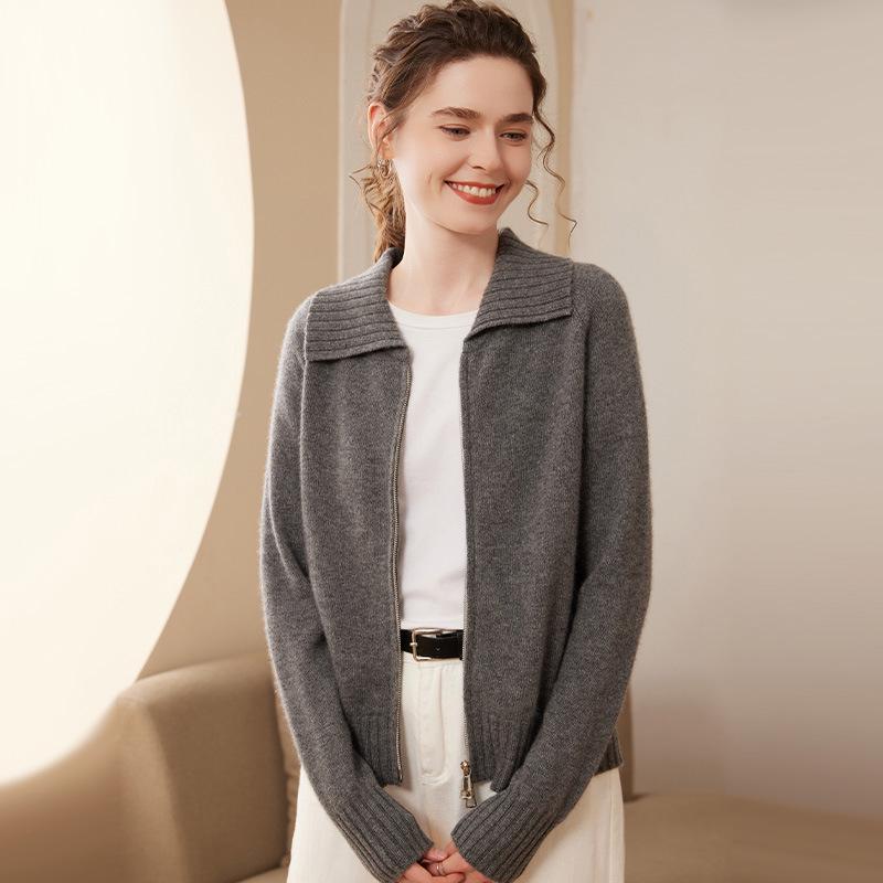 Autumn/Winter Cashmere Knit Cardigan Coat - Women's Long Sleeve Zip-Up with Large Lapel