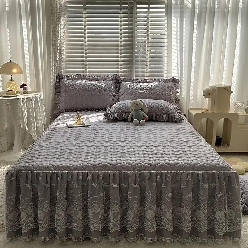 Bawełniana i lniana falbanka na ramę łóżka z nadrukiem trzyczęściowy zestaw gradientowa pikowana koronkowa narzuta antypoślizgowa pyłoszczelna pościel prześcieradła