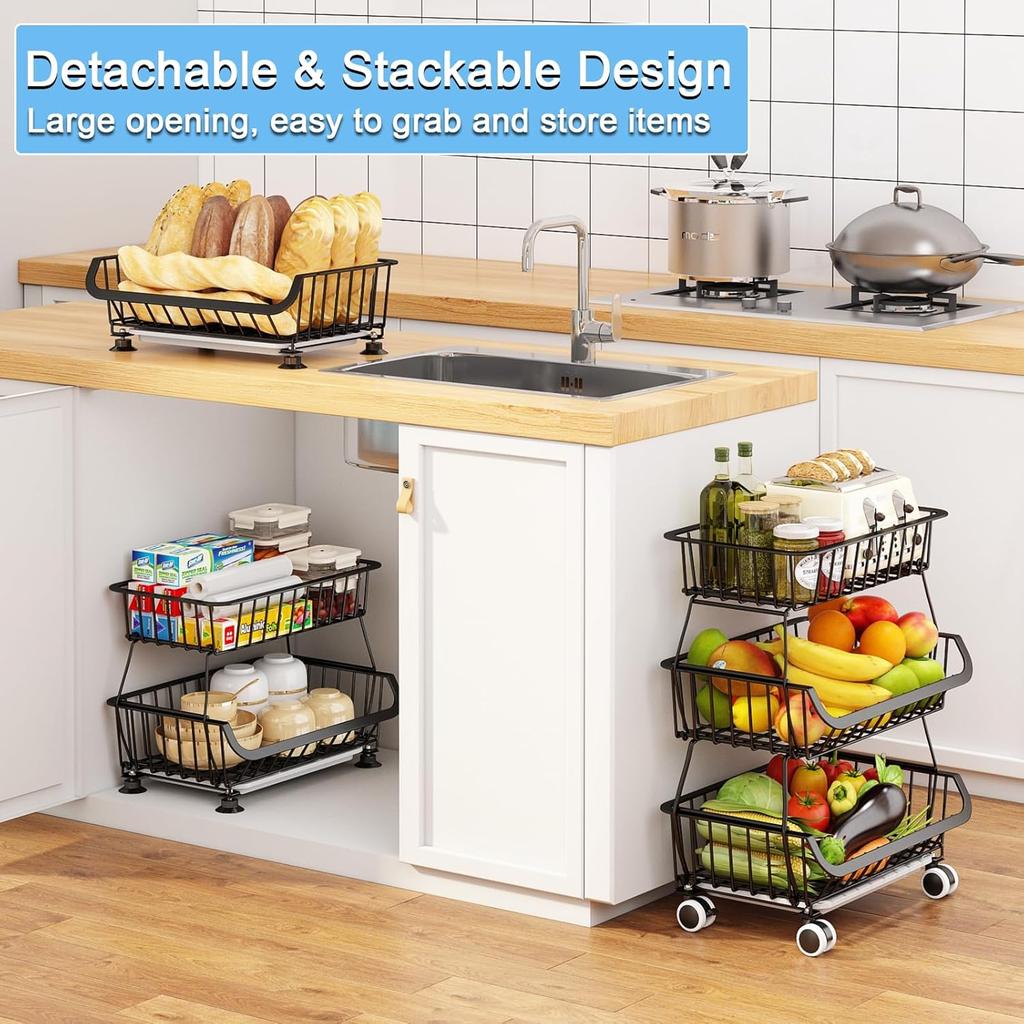 3Tier Rolling Pantry Floor Organizer,Stackable Pantry Storage Cart with Wheels, Metal Wire Pantry Baskets, Kitchen Fruit Basket Stand, Vegetable