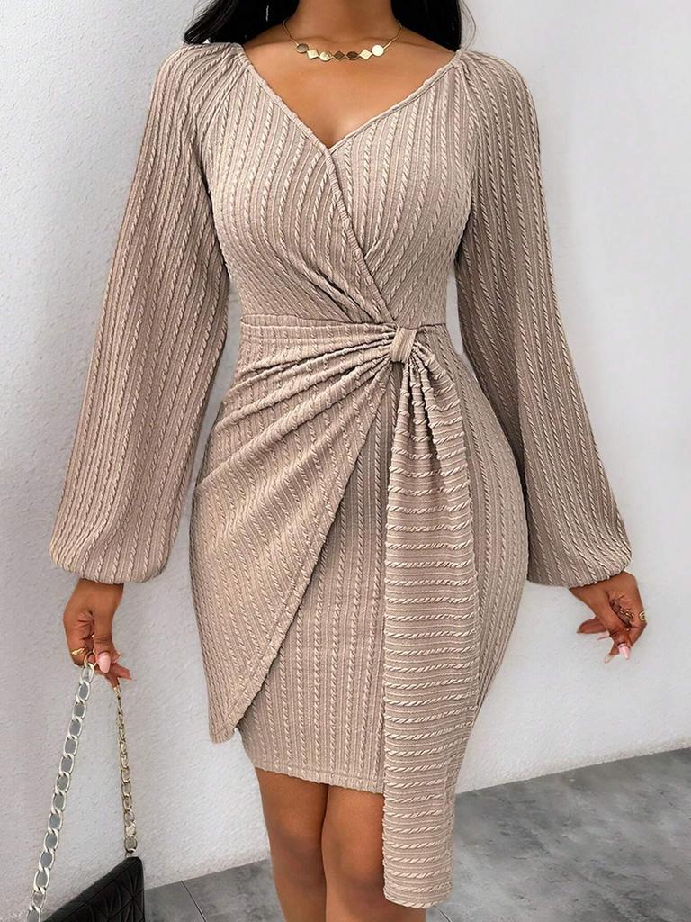 European American Women's V-Neck Lace-Up Knit Dress - Sexy Waist-Cinching Short Skirt