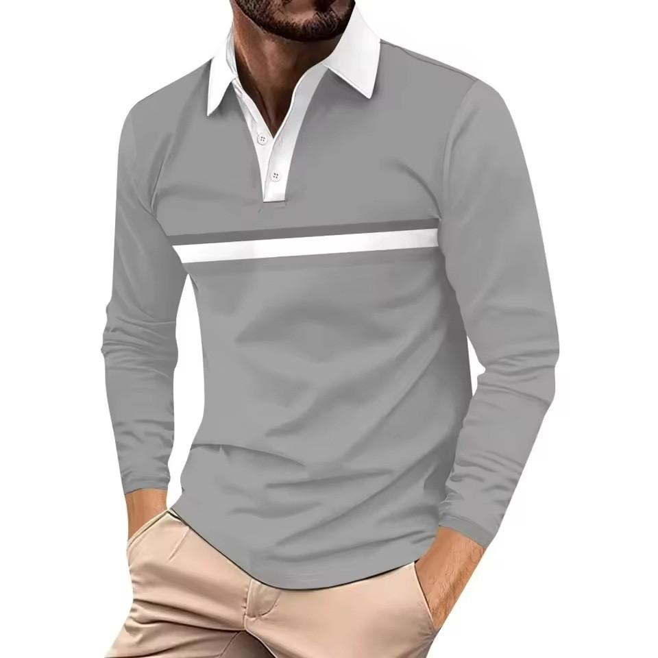 Men's Black‑White Striped Long Sleeve Polo Shirt Lapel Button Casual Slim Fit Daily Tops for Men