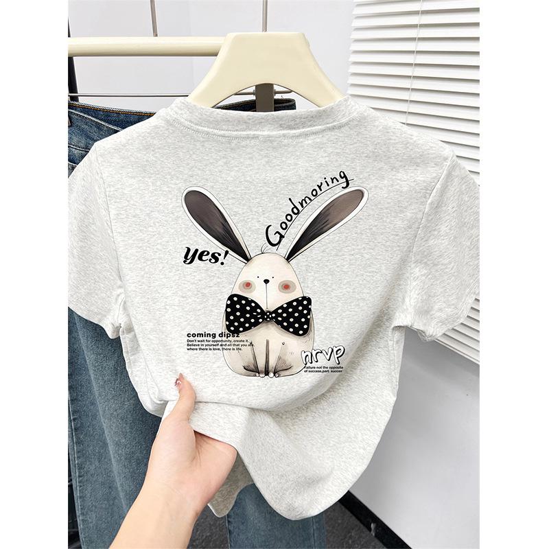 

Korean Age-Reducing Rabbit Print Shoulder T-Shirt - Women s Spring/Summer New Arrival in White & Grey 2XL
