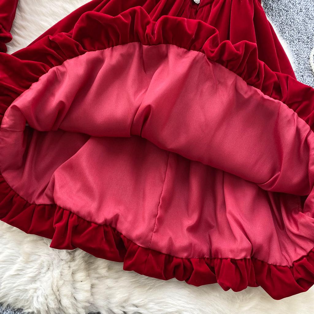 Red Sweet New Year Two Piece Set Women French Puff Sleeve Bow Short Coat + Velvet Suspender Bud Dress Suit Japanese Kawaii Ruched Design Sets