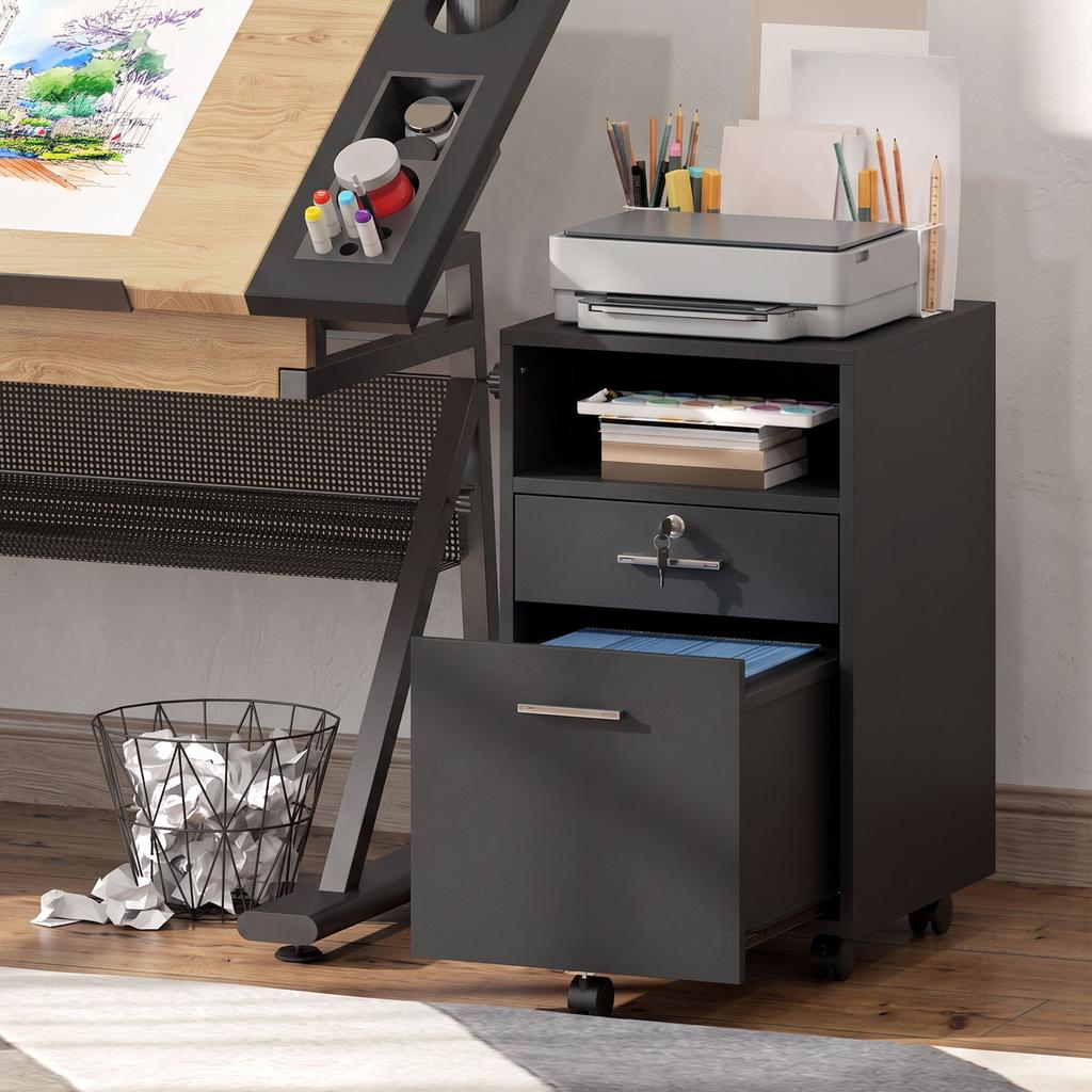 Office Cabinet Mobile Pedestal, 2 Drawers, One Drawer Lockable, 5 Casters, Black, 40 x 40 x 65 cm