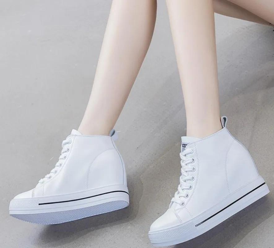 Fashion 8CM Genuine Leather Increased Intemal Women Shoes Spring Autumn Ankle Booties Women Combat Platform Wedge Chunky Sneaker Winters