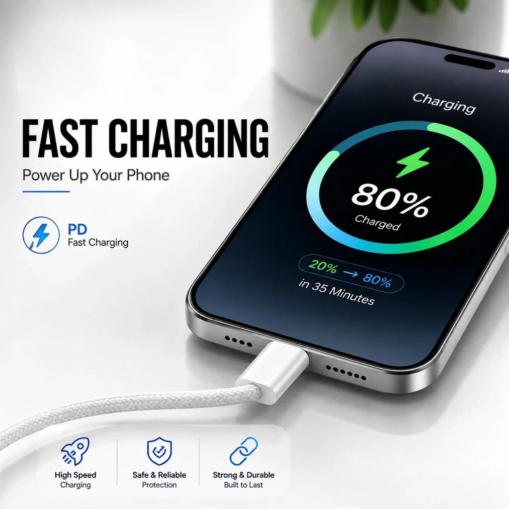60W USB C to USB C Cable Fast Charging, White Braided PD Charger Cord for iPhone 15 16, iPad, MacBook, Samsung