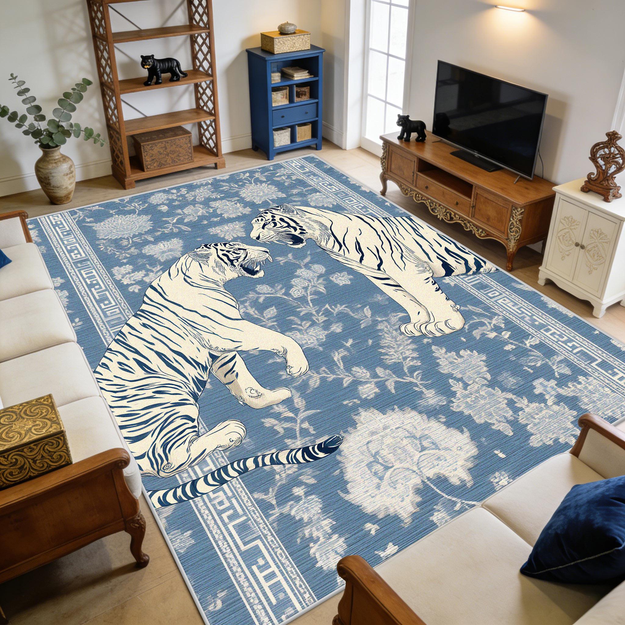 Fluffy White Tiger Blue Carpet for Living Room Home Decoration Luxury Non-slip Rug Easy Clean Short Velvet Soft Sofa Floor Mats 50cm x 80cm