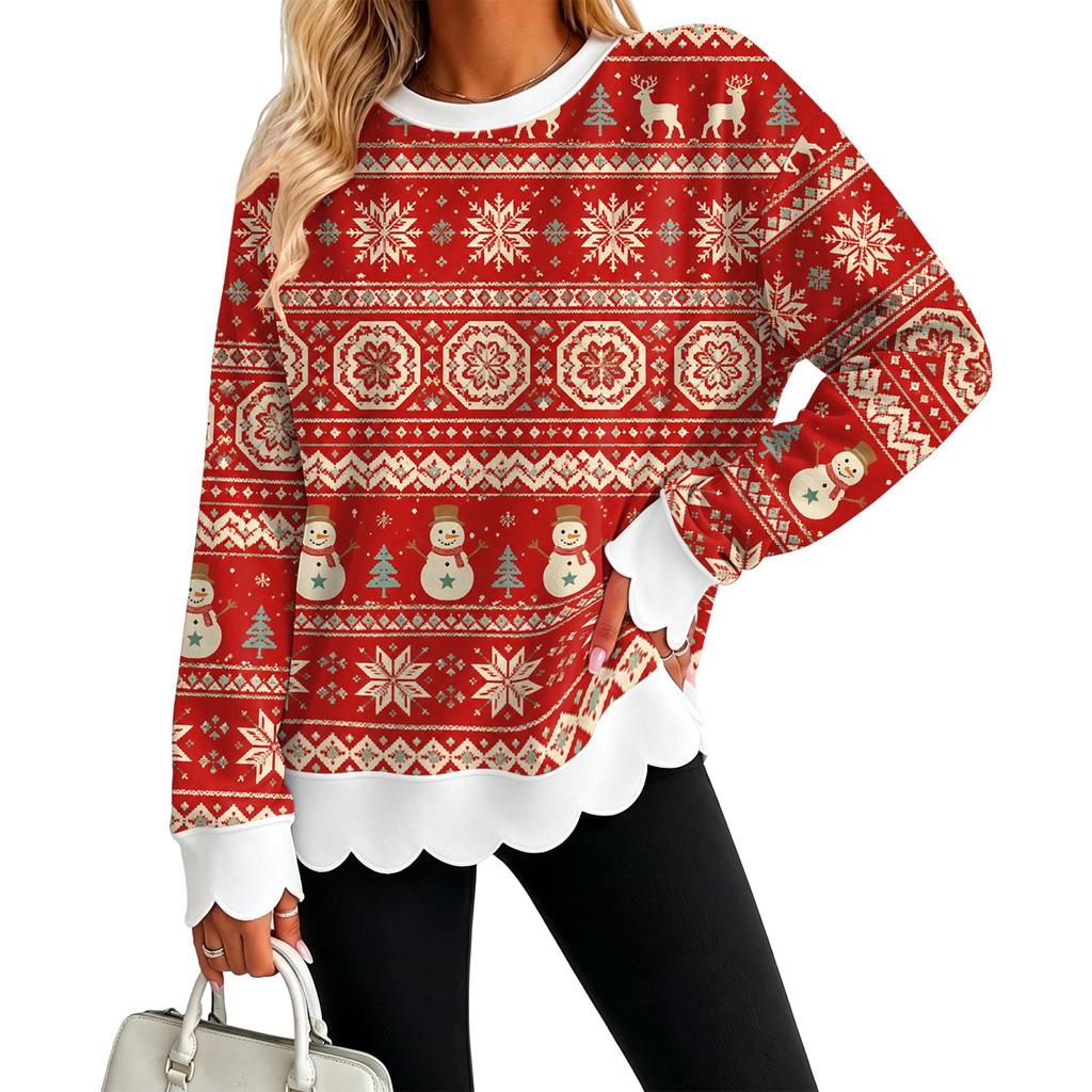 Women's Christmas Print Sweatshirt Neck Scalloped Wavy Hem Pullover Top for Holiday