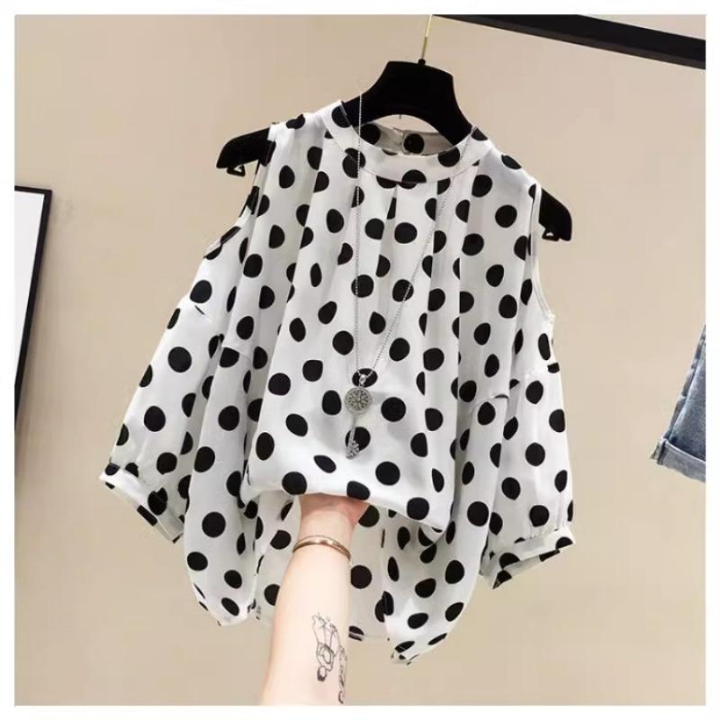 Women's New Summer Loose Top Polka-dot Off-shoulder Short-sleeved Chiffon Shirt