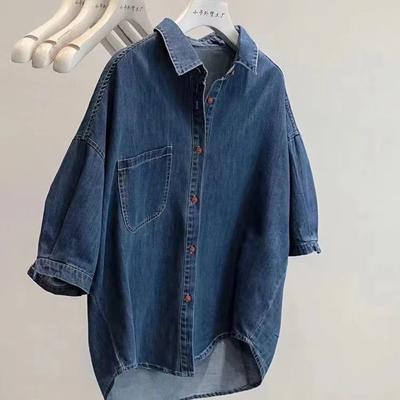 Women's Spring and Summer Loose Five Short-sleeved Denim Shirt Retro Simple Temperament Casual Blouse