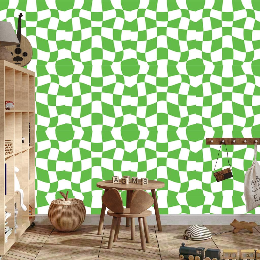 Wallpaper Casual Checkerboard Green and White for Living Room and Bedroom 50x1000