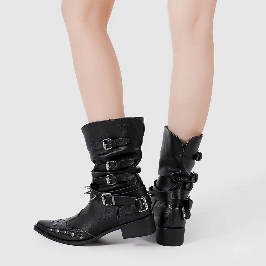 Fashion Spike Embellished Leather Ankel Boots Punk Style Pointed Toe Chunky Heel Western Booties 2025 Spring Autumn Women's Modern Boots