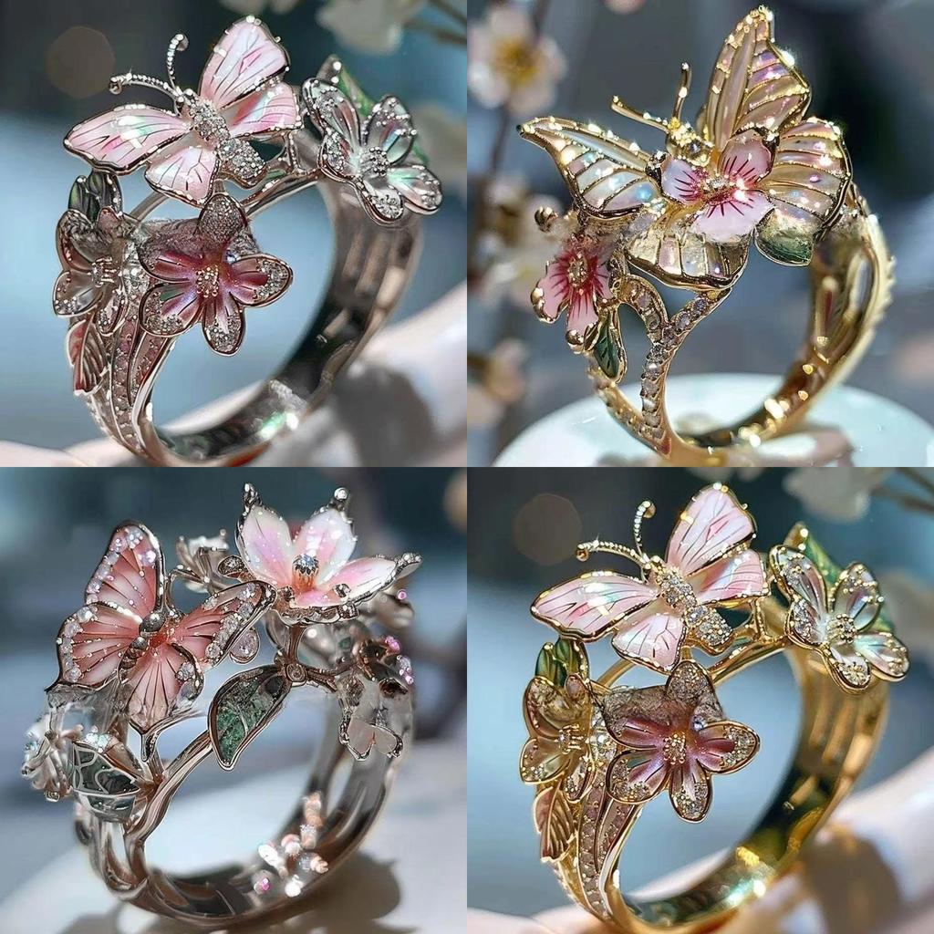Anello aperto a forma di farfalla e fiore in lega alla moda con strass incastonati per donna