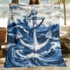Nautical anchor on ocean waves fleece  maritime design soft throw blanket for beach lovers coastal home decor nautical theme