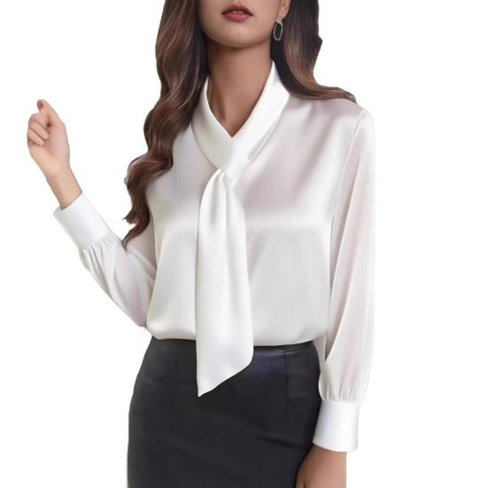 Women Shirt Ribbon V-Neck Long Sleeve Satin Texture Blouse Breathable Regular Fit Casual Work Party Dress Tops