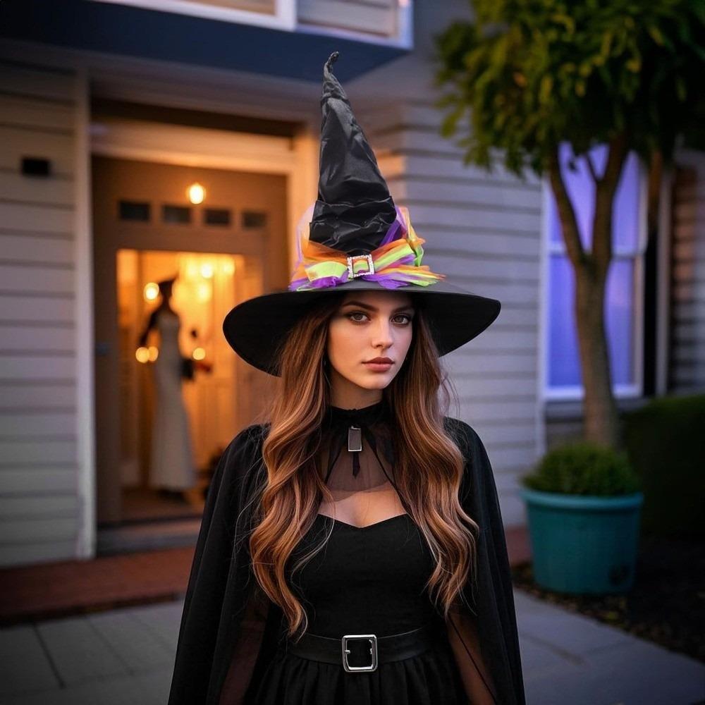 Folds Halloween Witch Hat Satins Wizard Cap Creative Mesh Bow Witch Hat  Performance Props