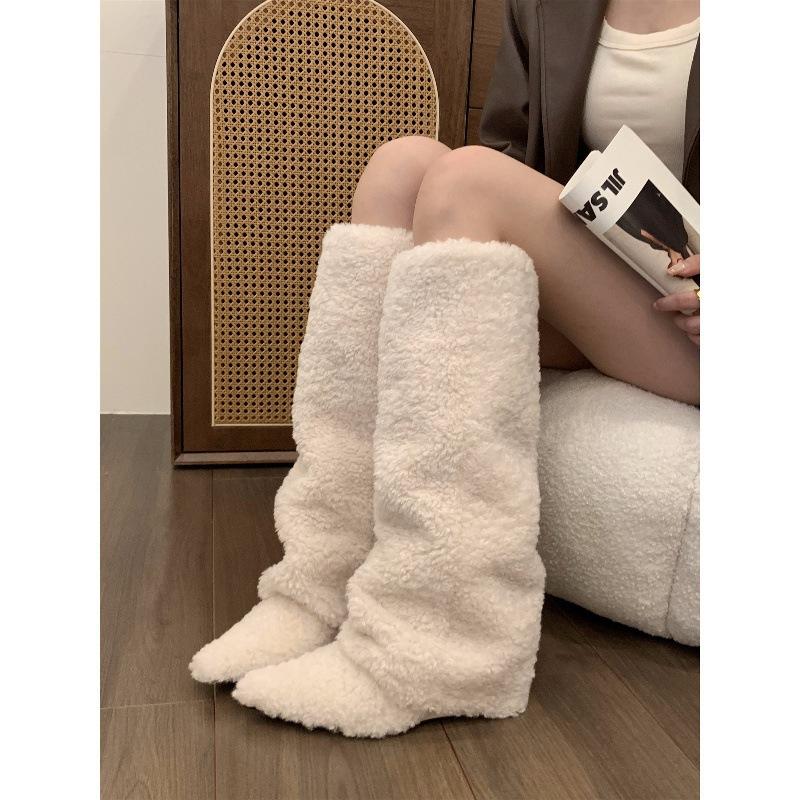 Niche wedge heel plush cotton shoes long boots children's season pointed head medium tube knight boots