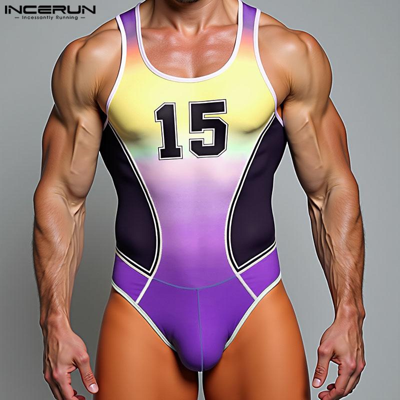 INCERUN Pánské bez rukávů Prošívané Potisk písmen Přechodové Skinny Body Jumpsuity Pyžama