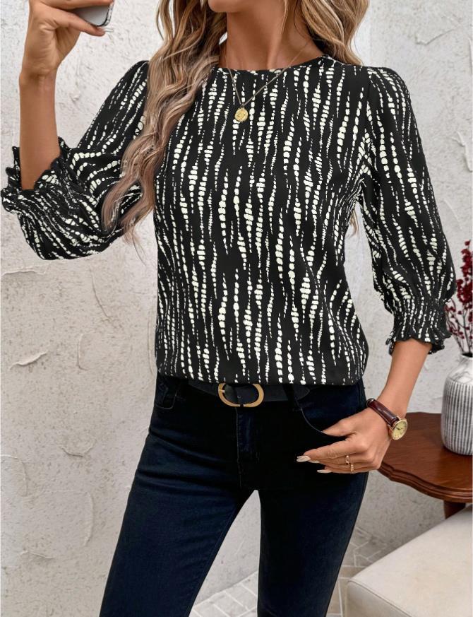 Brown and White Checked Mid-Sleeve Shirt with Ruffle Cuff Detail