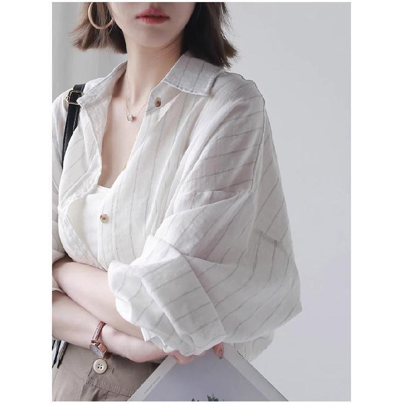 2026 New Loose Sun-Protective Striped Cotton-Linen Long-Sleeve Shirt for Women, Mid-Length Outerwear