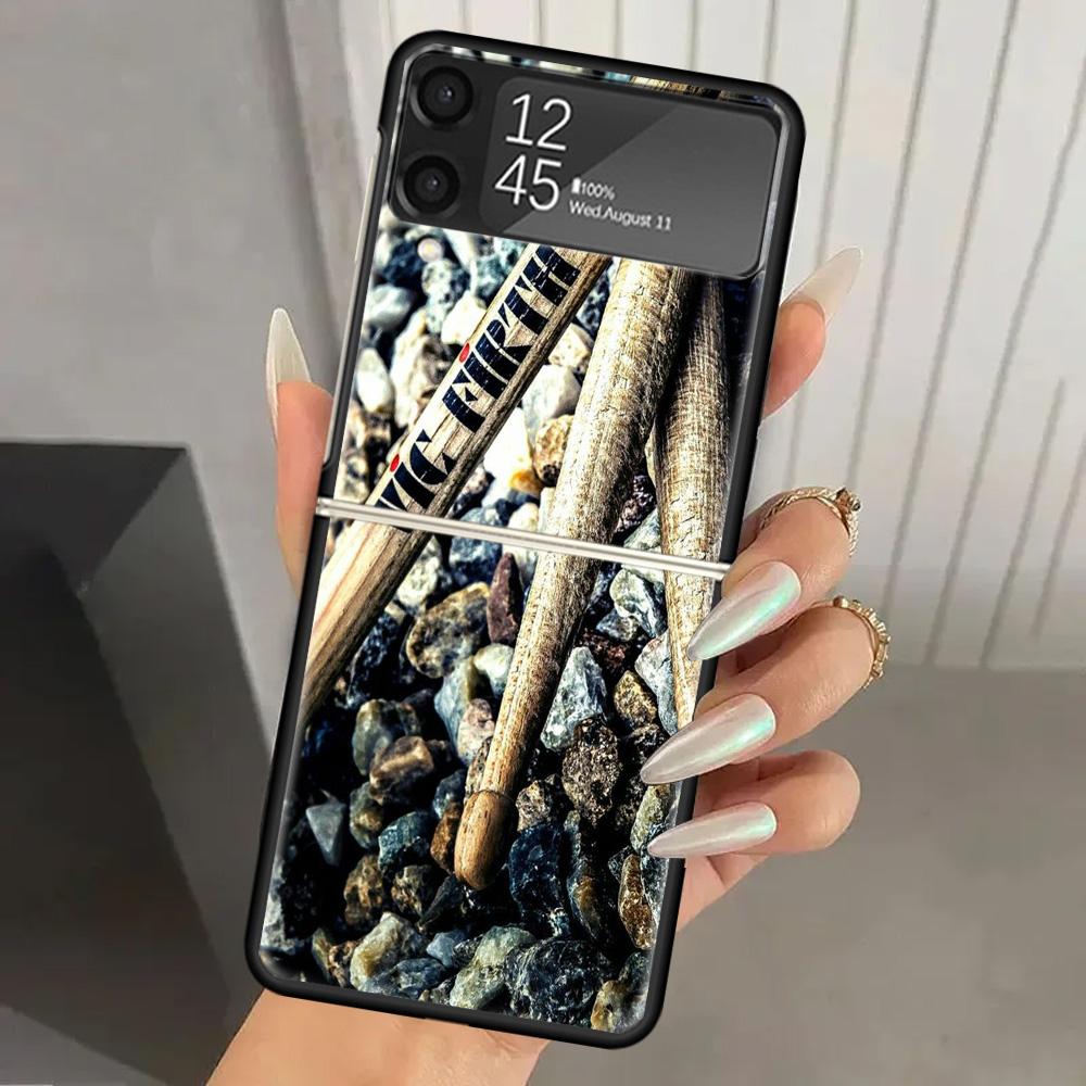 Musical Instrument Drum Rock Hard PC Phone Case For Samsung Galaxy Z Flip 7 6 5 4 3 Black ZFlip7 ZFlip6 Flip5 Flip4 Flip3 5G Pri