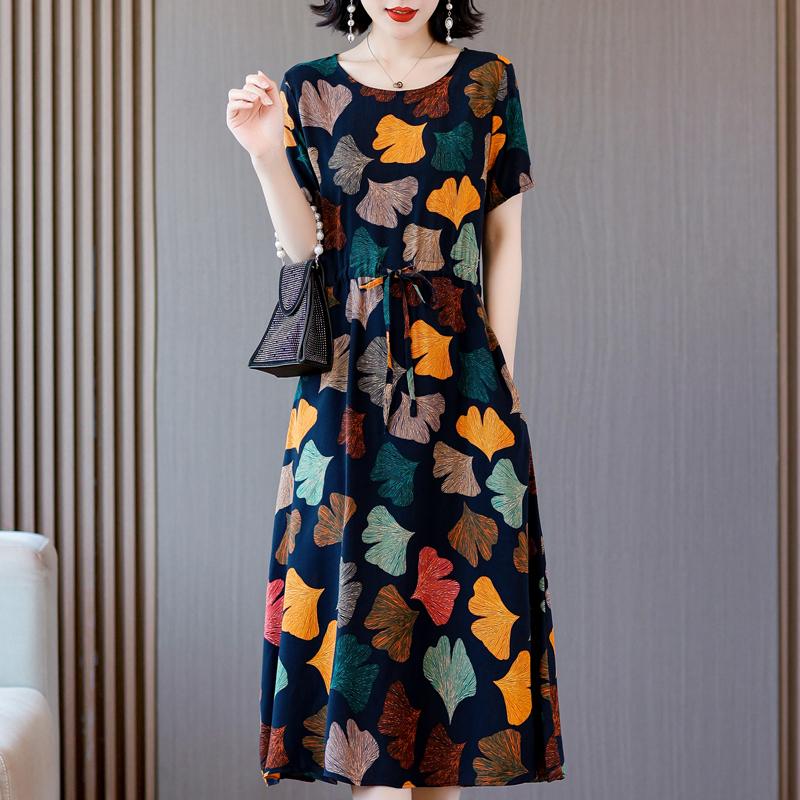 Elegant Dresses for Women  New Casual Vintage Print Long Dress Summer Short Sleeve Korean Style Female Clothing