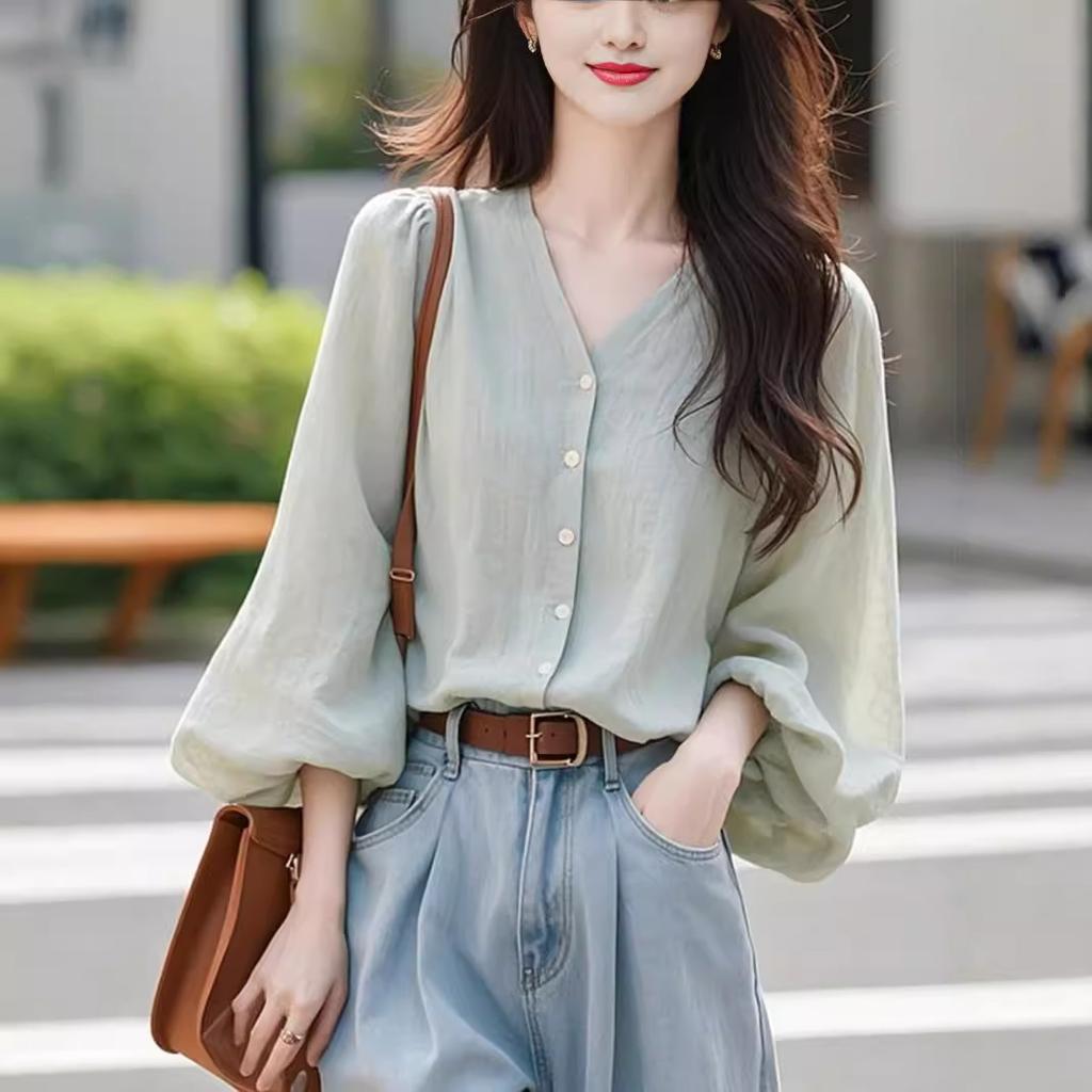 Koszula Damska Długi Rękaw Wiosna Jesień Bluzka Casualowa Moda Dekolt V Top