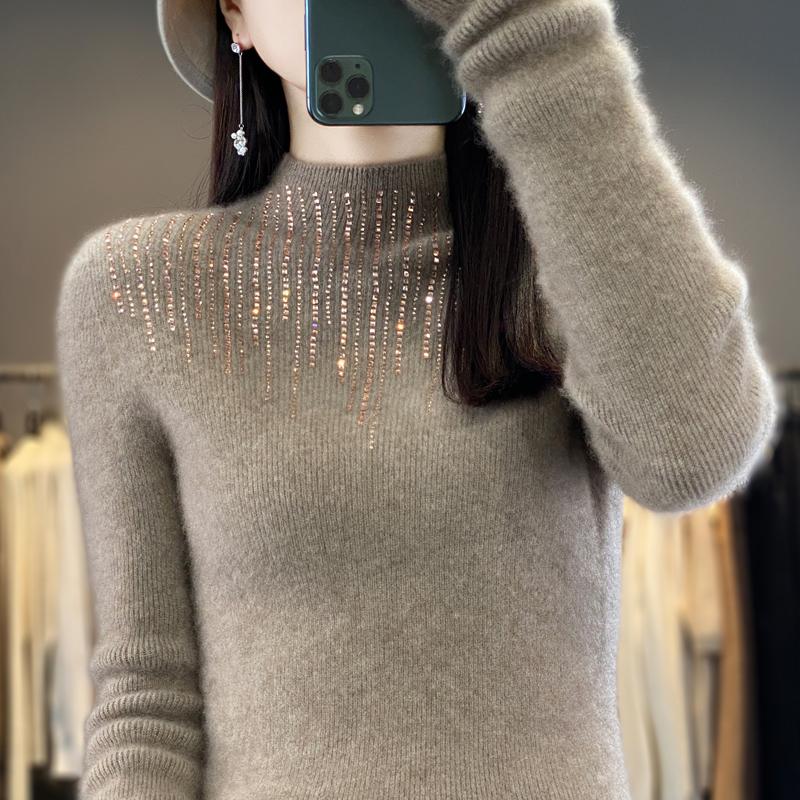 Women's Half Turtleneck Sweater, Qinghe Cashmere, 30% Cashmere 70% Wool, Diamond-studded Winter Knitted Pullover Autumn Sweater Cashmere Sweater