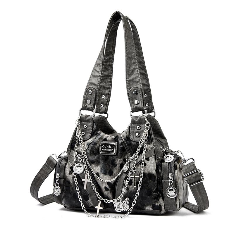Women Y2K Leopard Print Faux Leather Shoulder Bag, Gothic Chain Butterfly Crossbody Handbag, Large Capacity Multi Pocket Punk Style Daily Travel Tote