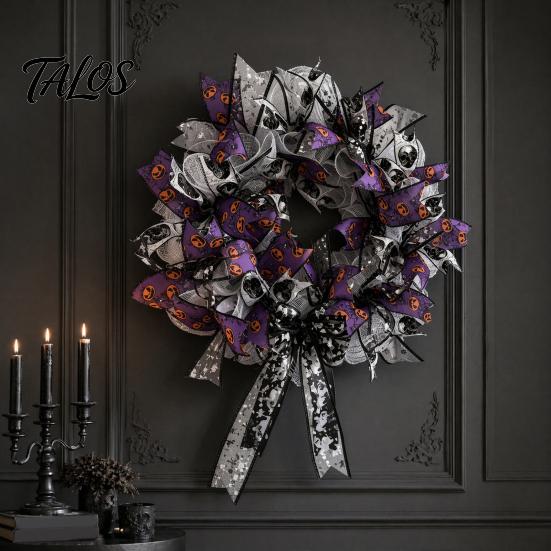Halloween Decor Mesh Ribbon Wreath for Front Door, Spooky Skull Pumpkin with Hook Bow, Purple Black Stripe Decorative Garland Doors Walls Windows Wall