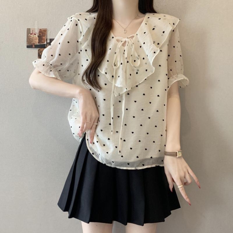 Elegant Plus Size Heart Polka Dot Ruffle Top - French Style Short Sleeve XL Plus