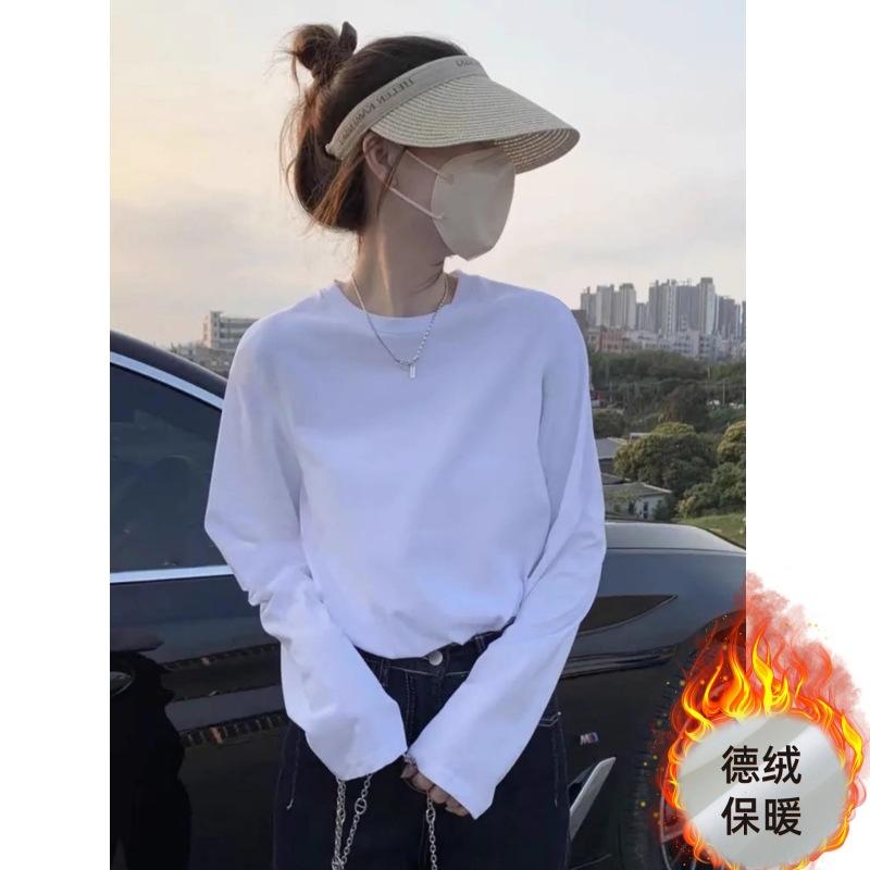 Pure cotton simple and versatile top women's spring German velvet warm long-sleeved T-shirt with basic bottoming shirt tide