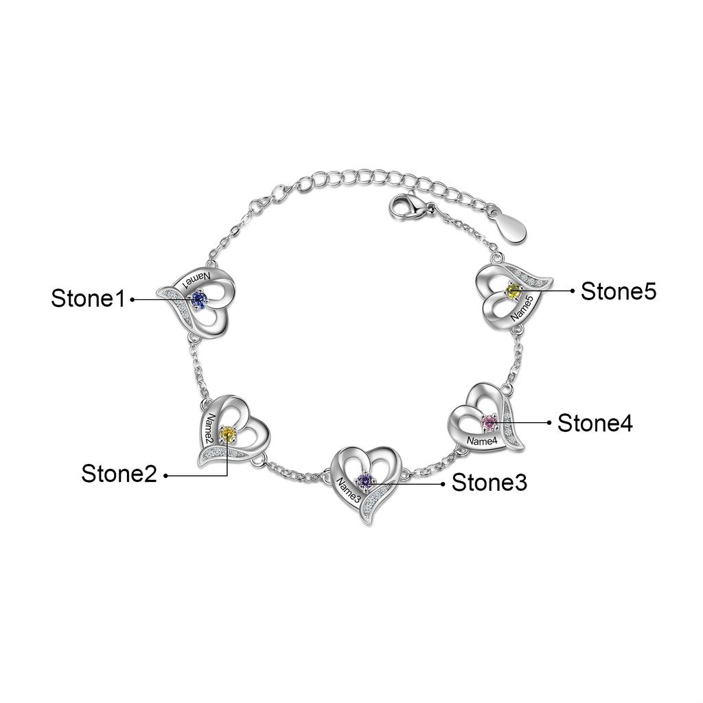 JewelOra Personalized Multi-Heart Charm Bracelets with Birthstone Customized 1-5 Name Engraving Bracelets & Bangles Xmas