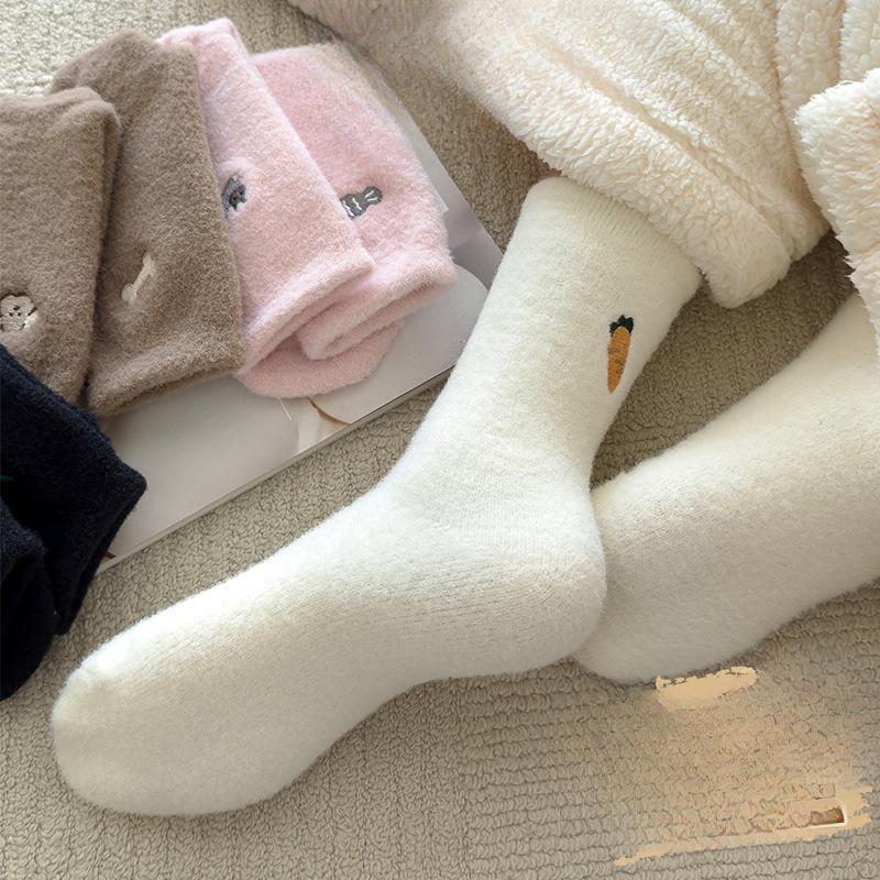 Australian Fleece Women's Mid-calf Socks, Thickened and Fleece Warm Sleep Socks, Cute Embroidered Postpartum Socks, Winter Long Socks