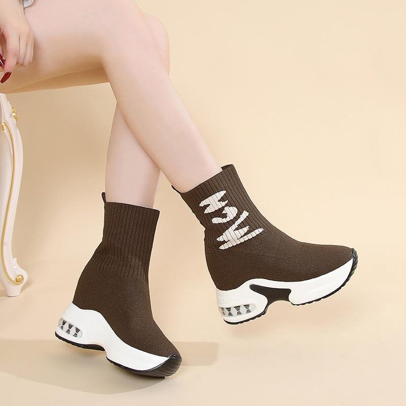 Large Size Thin Boots for Women's Autumn and Winter New Fly-woven High-top Elastic Muffin Thick-soled One-pedal Short Boots for Women