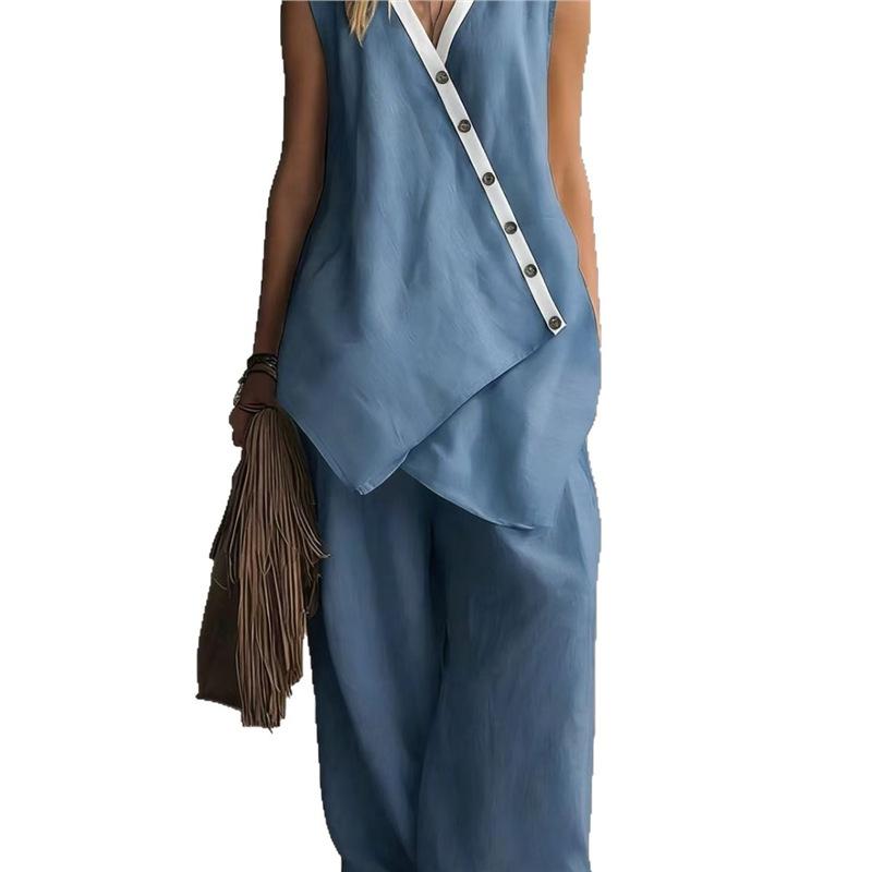 2026 spring and summer independent station European and American V-neck irregular button sleeveless vest wide leg pants casual fashion suit