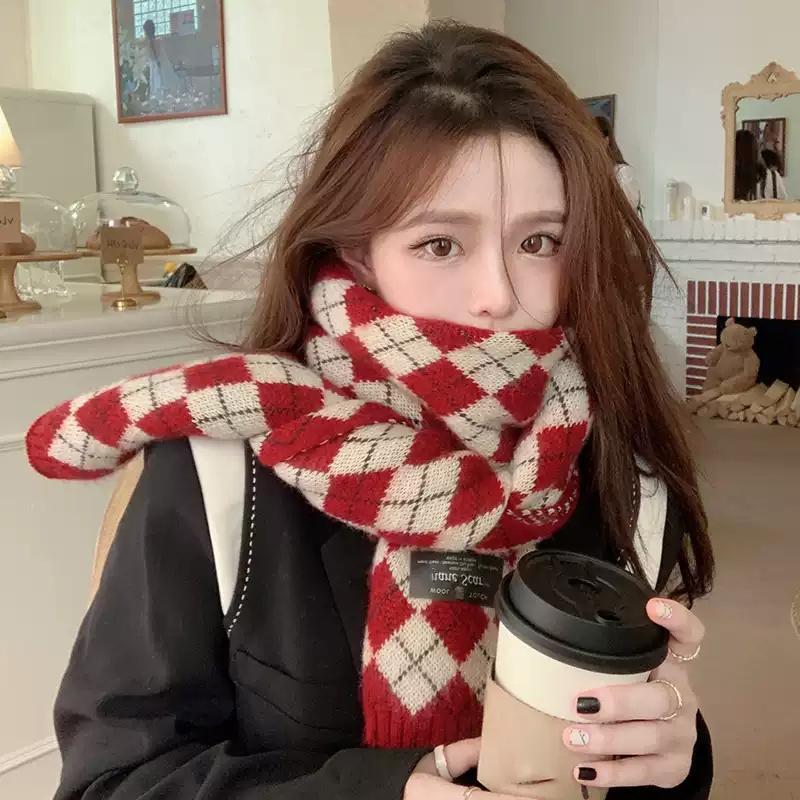 Red Scarf Women'S Winter Plaid Christmas Birthday Gift Year Gift Knitted Wool