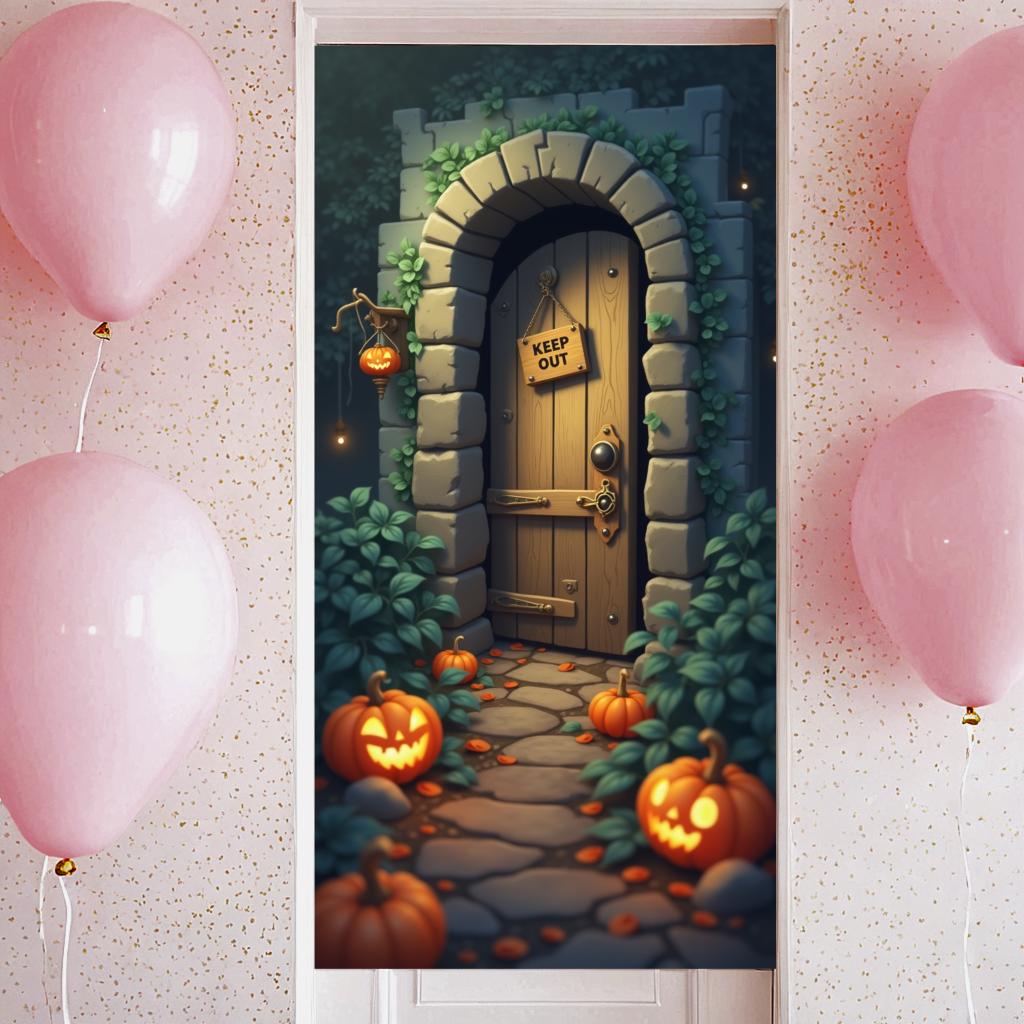 Party Backdrop Jack O'Lantern Event Banner Haunted House Banner Wooden Door Halloween Banner For Holiday Decor Haunted House
