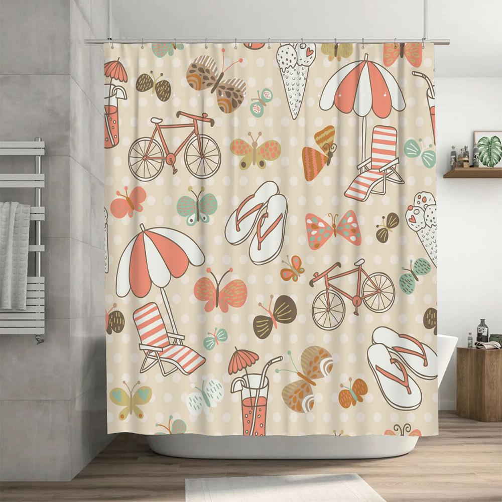 Vintage Summer Shower Curtain with Beach Umbrella Flippers Pattern Bathroom Decor Waterproof Liner Multicolor