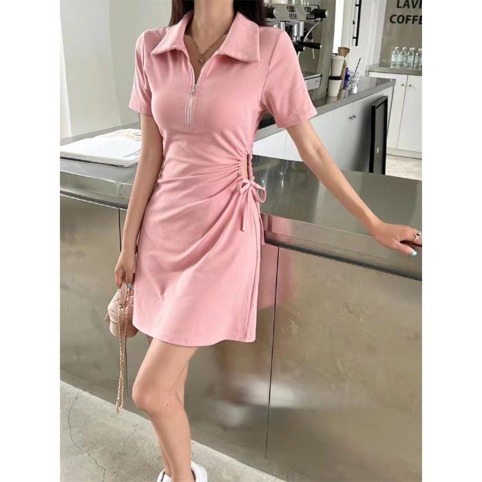 Casual age-reducing polo collar dress women's summer new drawstring hollow pleats waist thin short skirt