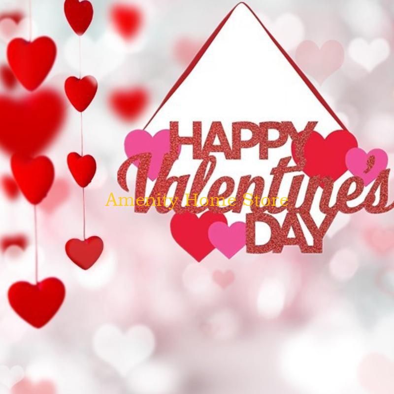 F26C Happy Valentine's Day Sign Valentine's Day Love Heart Pendant Hanging Ornament for Home Romantic Party Wall Window Door