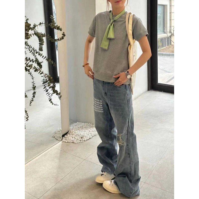 

150 Small Retro Ripped Letter Print Print Denim Women s Summer Cover High Waist Straight Wide Leg Mop Pants Retro Blue pants 155-165 XL