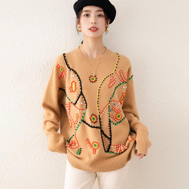 TUHUANG Women's Thickened Pure Wool Embroidered Beaded Round Neck Sweater