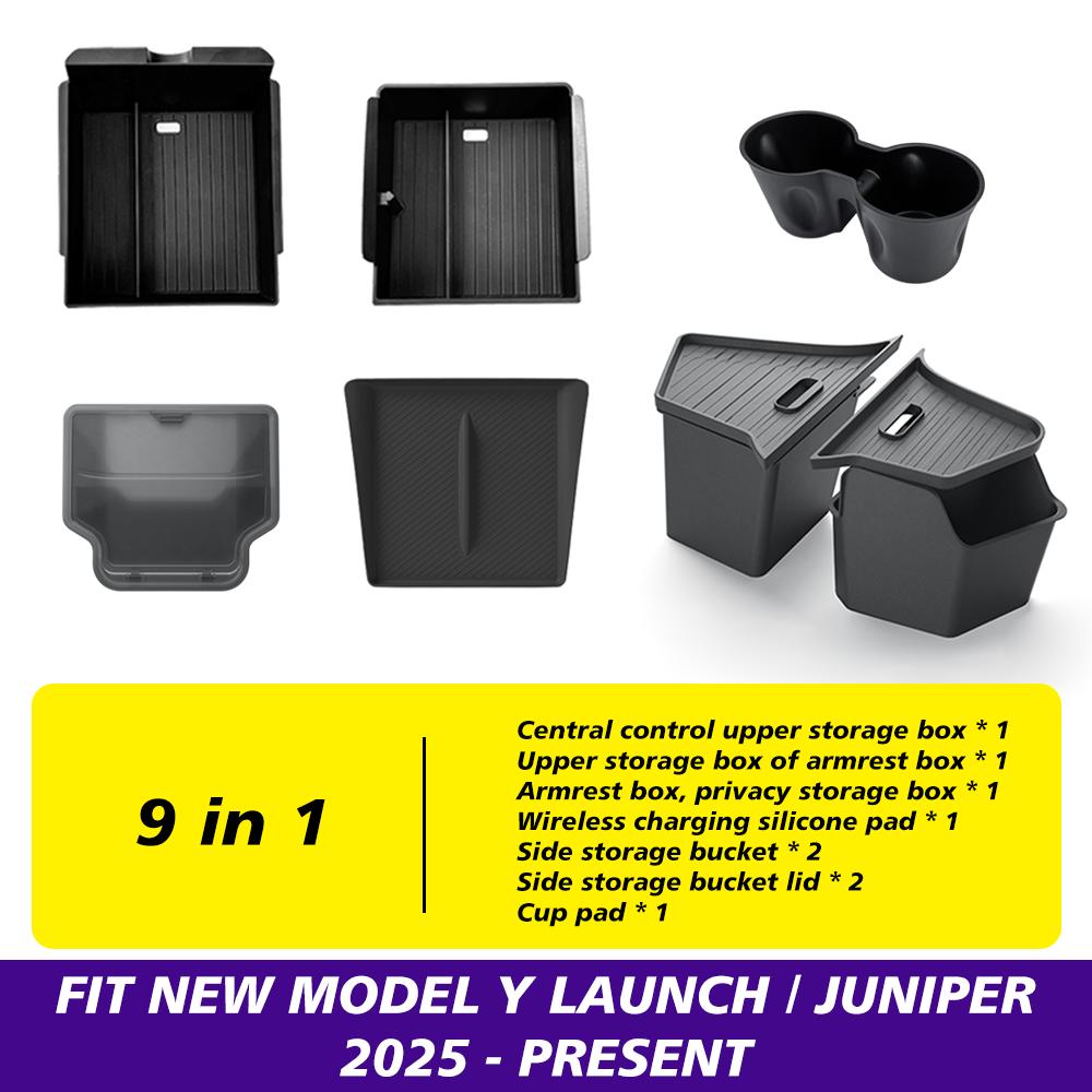 for Tesla New Model Y Juniper Launch 2025 Console & Armrest & Rear Trunk Storage Bins Side Box Organiser Watercup Accessories