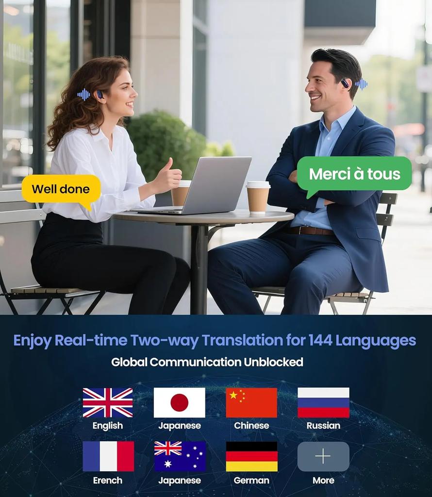 Auriculares Traductor AI TWS 3 en 1 144 Idiomas Cancelación de Ruido Bluetooth 5.4 Auricular Traductor Instantáneo Voz Inteligente Tiempo Real