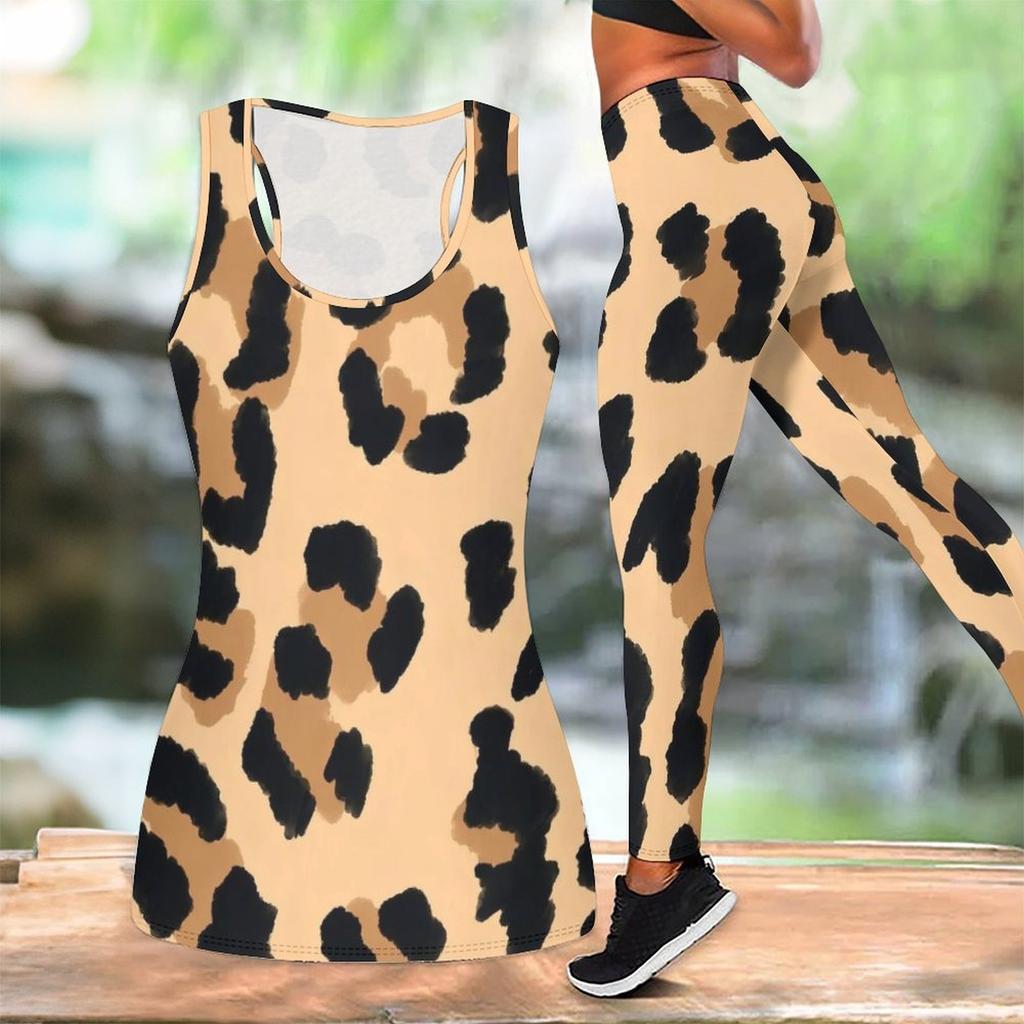 Leopardenmuster Yoga Outfit für Damen Mode Workout Leggings Fitness Sport Freizeit Yoga Set Sportanzug