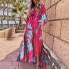 2026 Bohemian Loose V-Neck Split Hem Printed Maxi Dress Women Plus Size Flowy Long Sleeve Casual