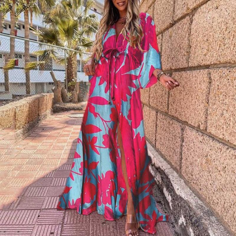 2026 Bohemian Loose V-Neck Split Hem Printed Maxi Dress Women Plus Size Flowy Long Sleeve Casual
