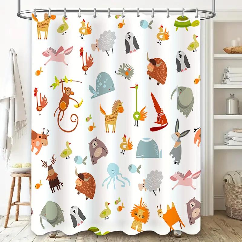 Animal Print Shower Curtain Set Cartoon Animal Designs for Kids Bathroom Decor – Waterproof Fabric with Hooks (White)