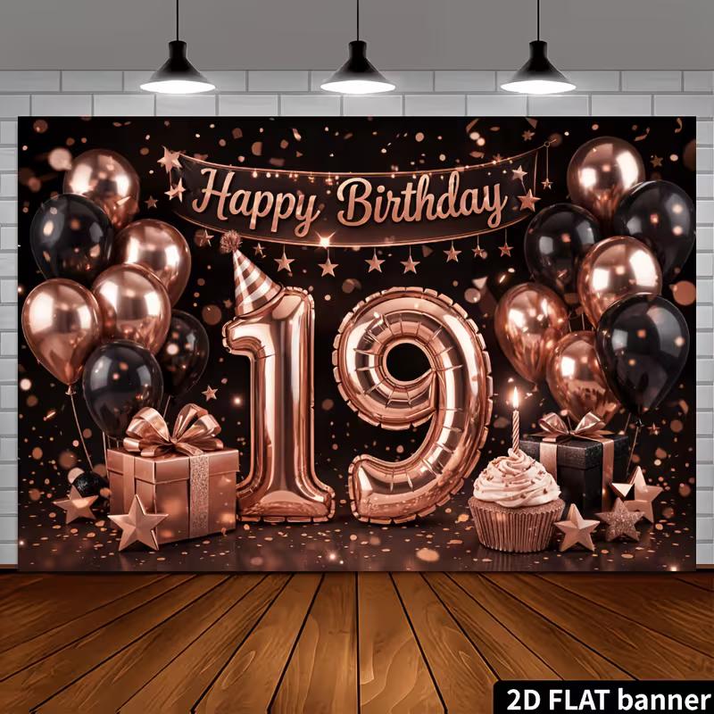 2D Black Rose Gold 19th Birthday Backdrop Shiny Glitter Number 19 Photography Banner